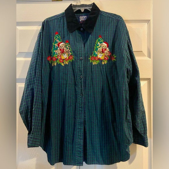 Vtg Quizz Woman Christmas Embroidered  Button Up Shirt Women's Sz 22 Teddy Bears - Picture 1 of 4